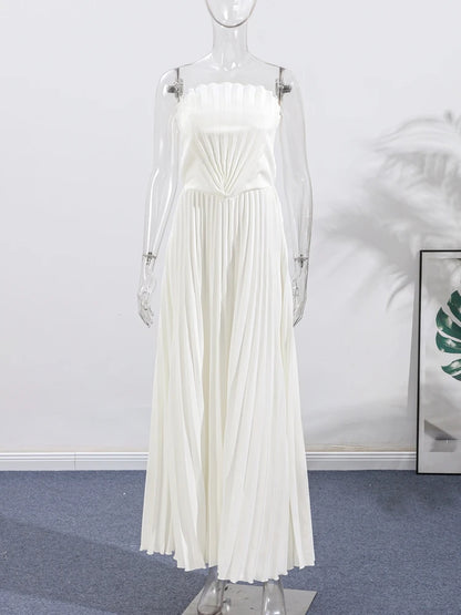 Sexy White Pleated Strapless Dress Women Sleeveless Backless Slim Split Dresses Female 2025 Simmer Lady Party Holiday Robe