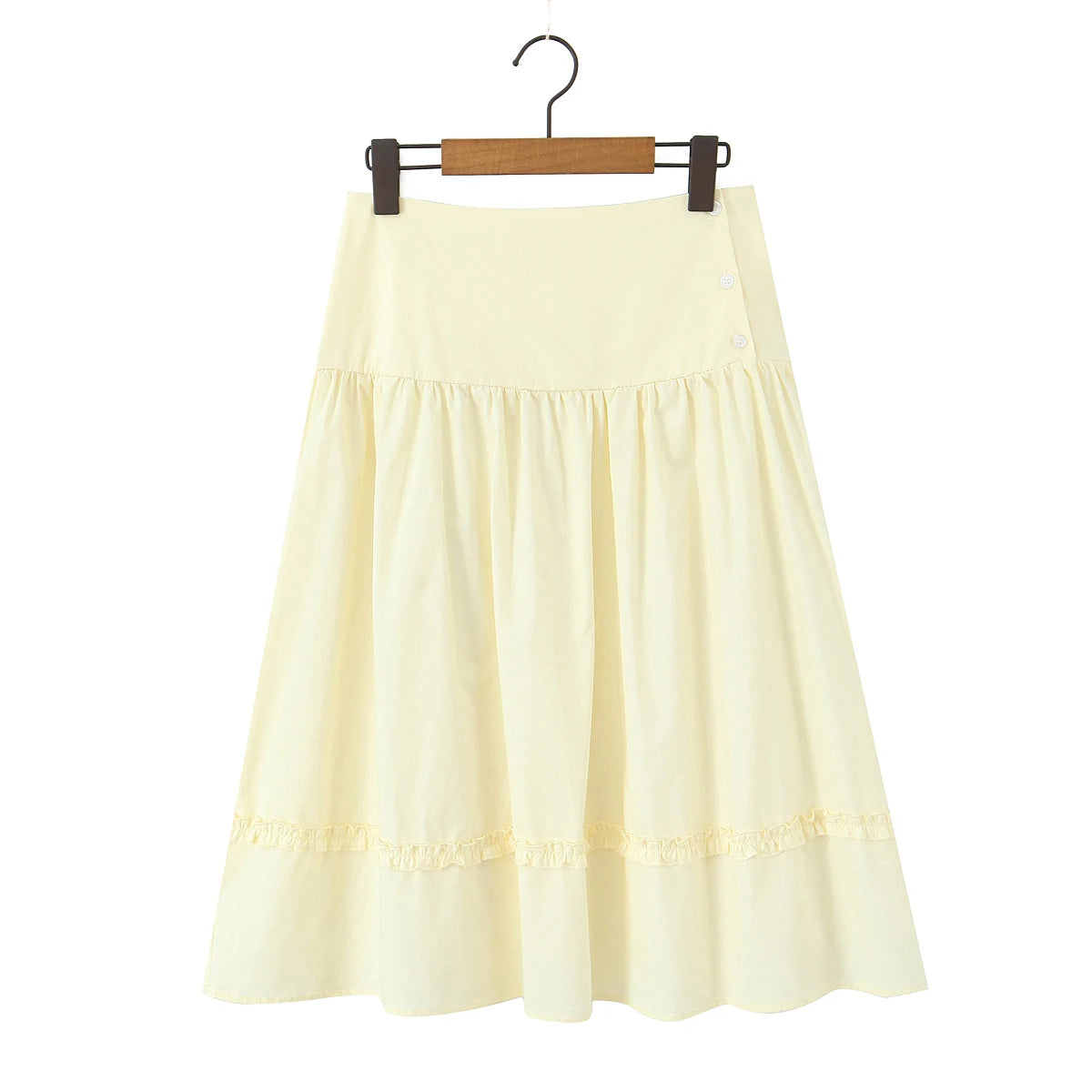 New 2025 Holiday Buttons Low Waist Midi Long Skirt Women Spliced Ruched Wood ears Swing A-lined Skirts Boho Yellow White