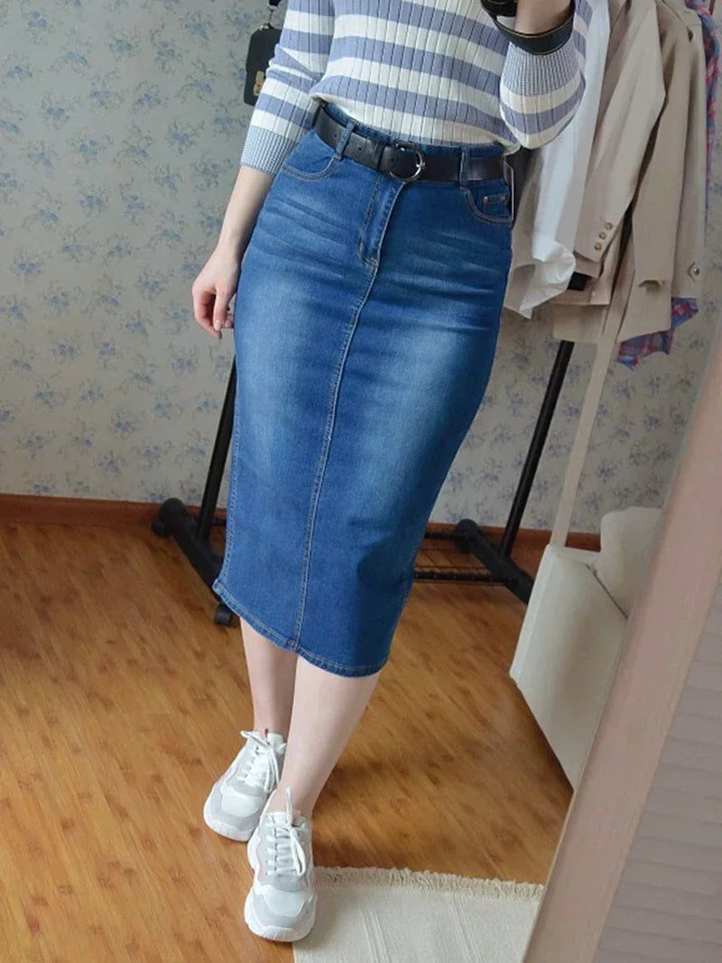 Denim Skirt Women 2025 Long Jean Skirt High Waist Pencil Skirt Ladies Stretch Clothes Black Blue Faldas Largas Jupe Longue Femme