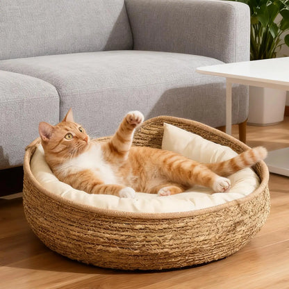 Cat Bed Woven Nest with Soft Cushion Pillow All Season Pet Sleeping Furniture for Cats Kittens Cozy Resting Scratching Lounge