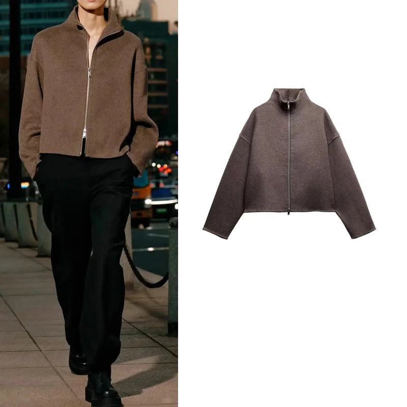 Spring New Casual Versatile Stand Collar Long Sve Double Zipper Jaet Outerwear Commute Sle Loose Fit Regular Length
