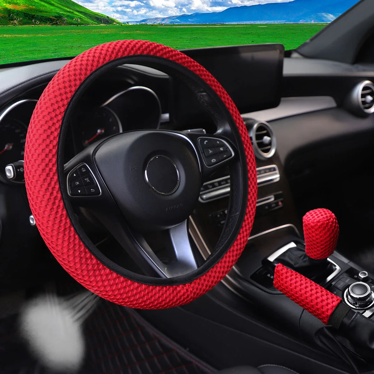 Three-piece three-dimensional breathable massage net car non-slip steering wheel cover, handbrake cover, gearshift cover