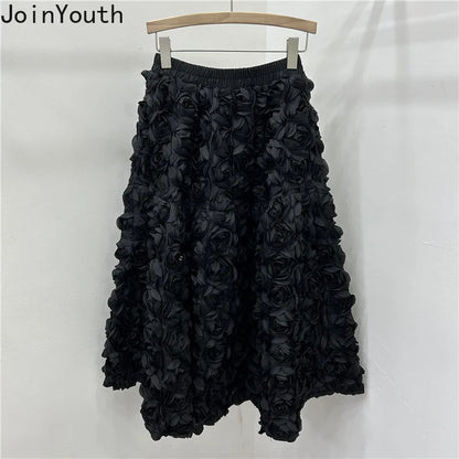 Chic 3D Floral Skirt for Women Temperament Jupe 2025 Faldas Mujer De Moda High Waist Loose Saia A-line Sweet Solid Color Skirts