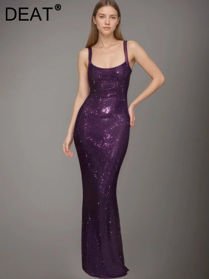 DEAT Fashion Rhinestone Purple Spaghetti Strap Evening Dress Women's Slim Backless Ankle-length Dresses New 7A2294