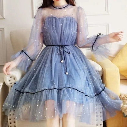Women Dress Star Shiny Sequin Star Flare Sleeve Lace Up Priceess Korean Fashion Solid Color Elegant Mesh Lace Summer Clothing