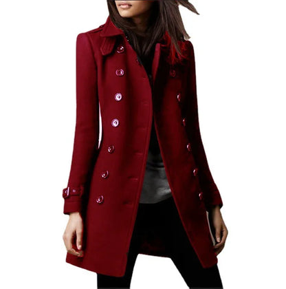 Winter Ladies Woolen Jackets Double Breasted Flap Lapel Lined Top Coat Solid Slim Elegant Womens Outerwear 2024