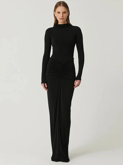 Sexy Red Dresses Women Autumn New Streetwear Fashion Folds O-Neck Long Sleeves Casual Slim Maxi Dress Elegant Lady Knitted Dress