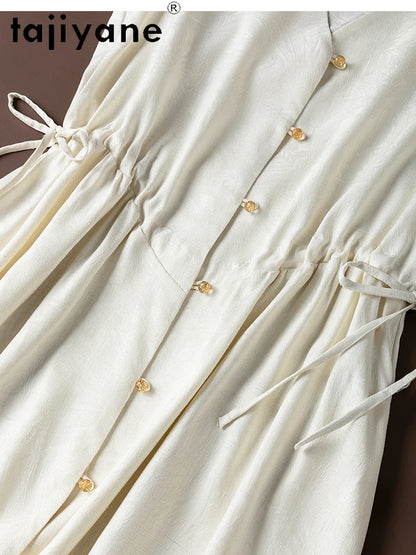 TAJIYANE 100% Mulberry Silk Dress Woman Summer 2025 Long Tank Dresses Vacation V-neck White Frocks Ladies Clothes Robes Longues