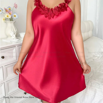 Plus Size Nightgown Sexy Women Sleepwear Lingerie Sexy Patchwork Lace Suspender Night Dress Homewear Silk Satin Loungewear 5XL
