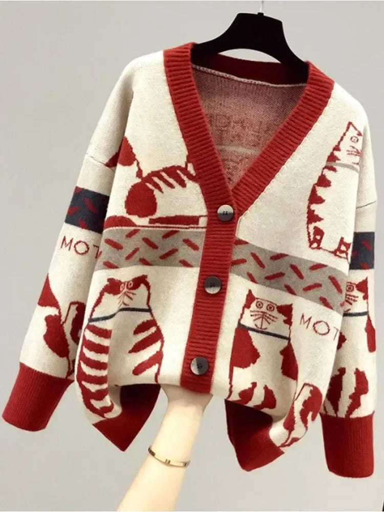 2023 Spring and Autumn New Cartoon Contrast Color Fashion Sweater Women's V-neck Knitted Cardigan Coat Trend