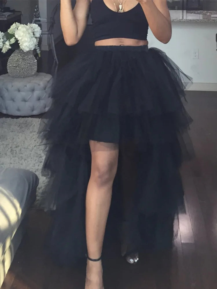 Women's High Low Tulle Multi-Skirt Iered Ruffles Asymmetrical Prom Party Skirts Punk Tulle Gown Under Petticoat