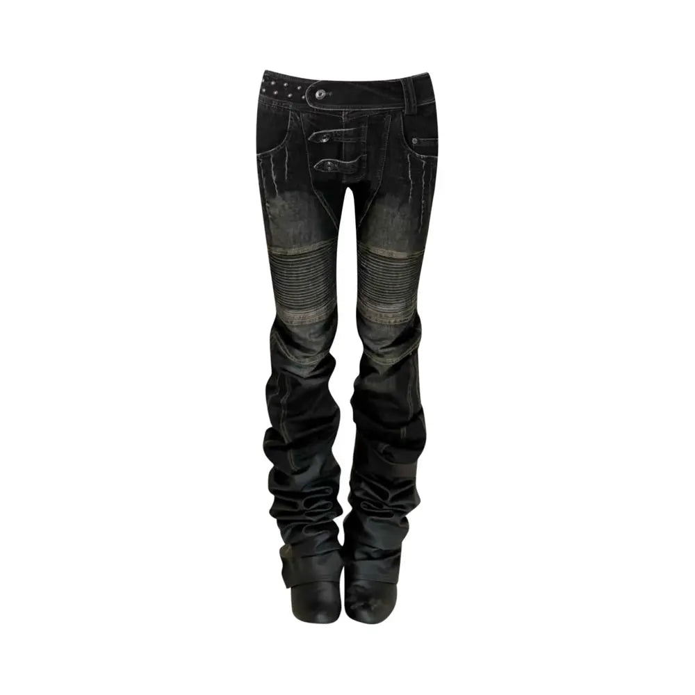 American Street Oversize Washed Retro Heavy Industry Motorcycle Jeans Women Low Waist Slim Fit Distressed Pleat Scratched Jeans