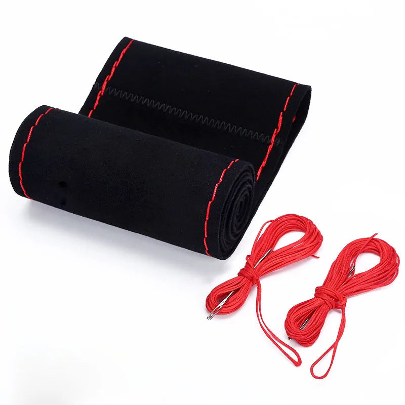 Steering Wheel Cover Turned Fur Hand Sewn Suede Leather Four Seasons 38cm DIY Braid Handle Cover Steering Wheel Protection Cover