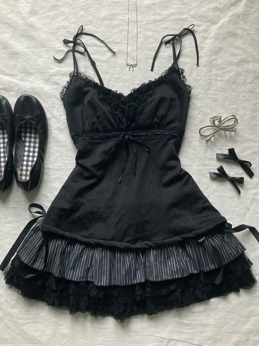 Y2k Aesthetic Skirt Punk Sexy Bow Kawaii Women Clothes High waist Gothic Slim Vintage 2000s Stripe Lace Girl Mini Skirts Summer