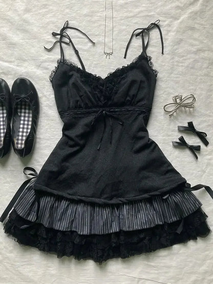 Y2k Aesthetic Skirt Punk Sexy Bow Kawaii Women Clothes High waist Gothic Slim Vintage 2000s Stripe Lace Girl Mini Skirts Summer