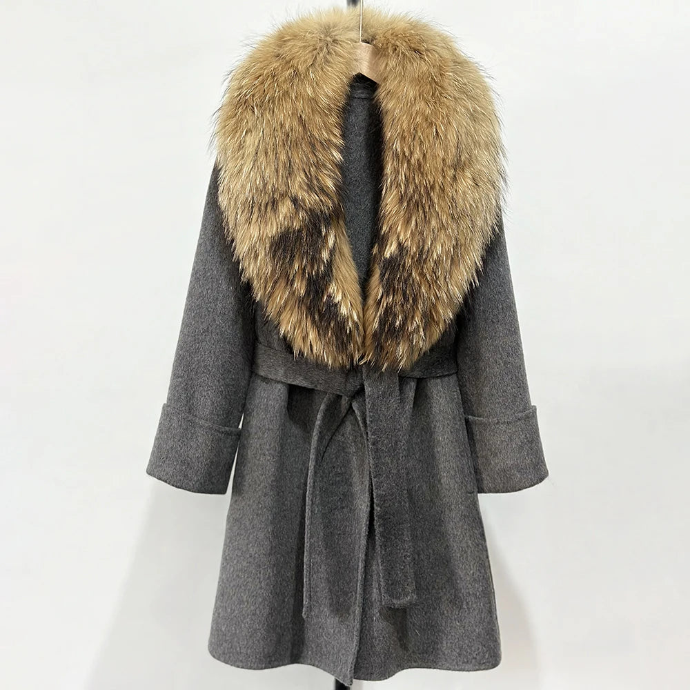 GENHUA 2025 New Winter Cashmere Wool Blends Women Natural Fox Fur Collar Cuffs Slim Fit Suit Double Sided Woolen Trench Coat