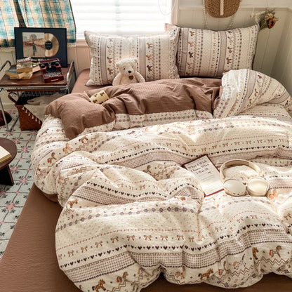 Ins Style Printed All-Cotton Bedding Set Antibacterial Dormitory Bedclothes for Students Comfort Skin-Friendly Home Decoration