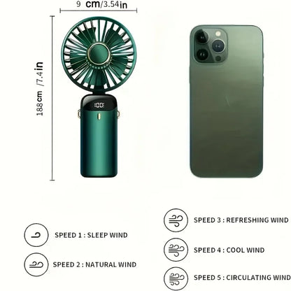 Portable Mini Fan With 5 Speeds LED USB Rechargeable Charging Small Foldable Battery Fans Handheld Desk Bedroom Indoor Outdoor