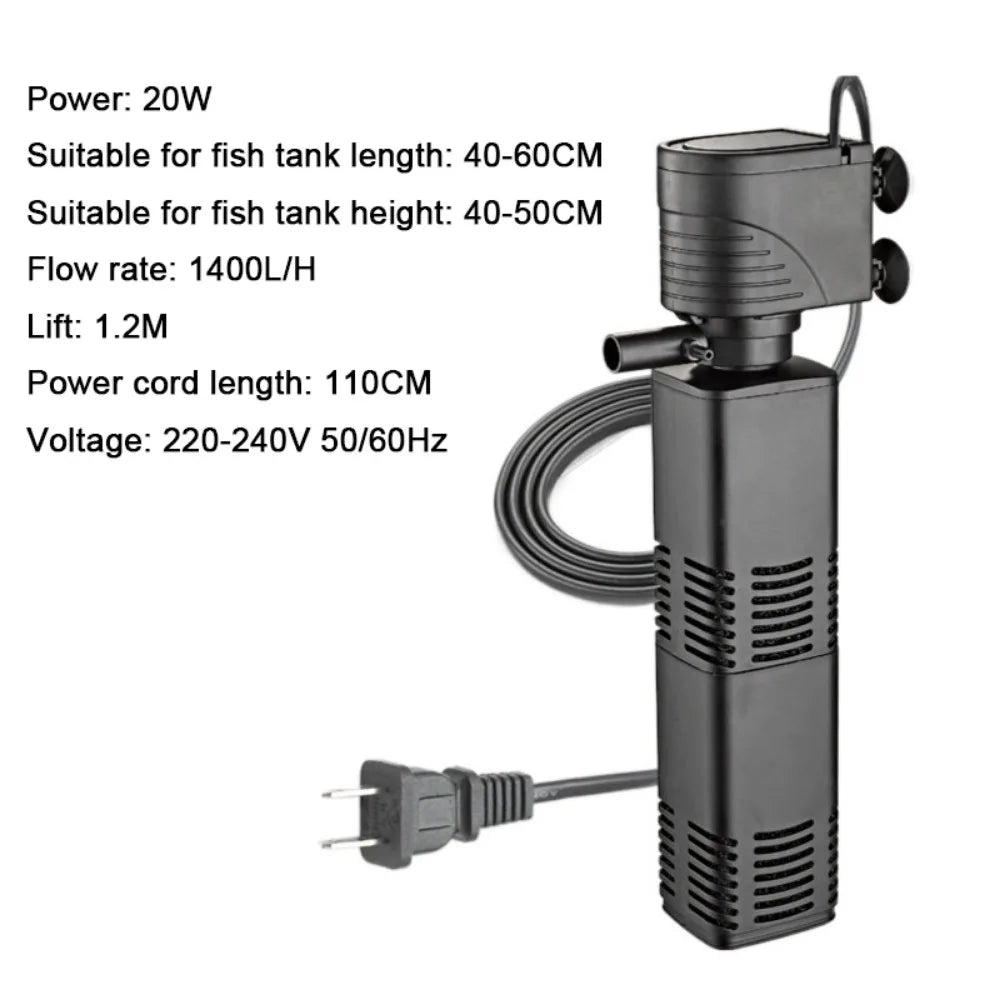 Plastic 3 in 1 Fish Tank Filter 4/6/12/20/30W Filtration Fish Tank Built-in Filter Increase Air Oxygen with Inner Sponge