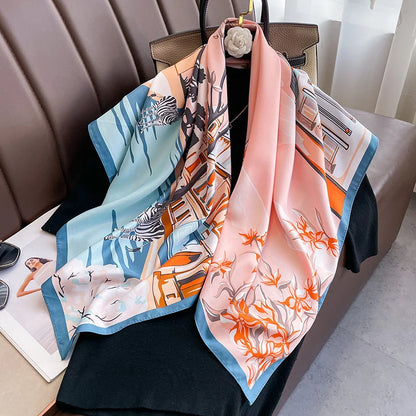 Twill Silk Scarf Women 90cm Square Hijab Shawls And Wraps Female Foulard Headkerchief Elegant Floral Summer Autumn Lady Bandana