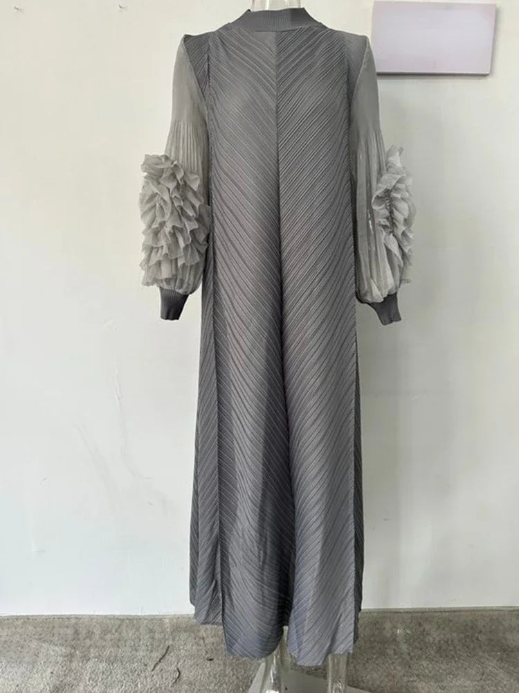 YUDX High Quality Maxi Miyake Pleated Dress Round Neck Spliced Fungus Full Sleeve Dresses For Women 2025 New Spring Clothing