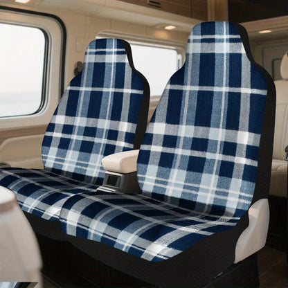 Set Of 2 Universal Car Seat Covers In Blue And White Plaid Design Suitable For Most Vehicles – Fashionable, Long-Lasting, Premiu