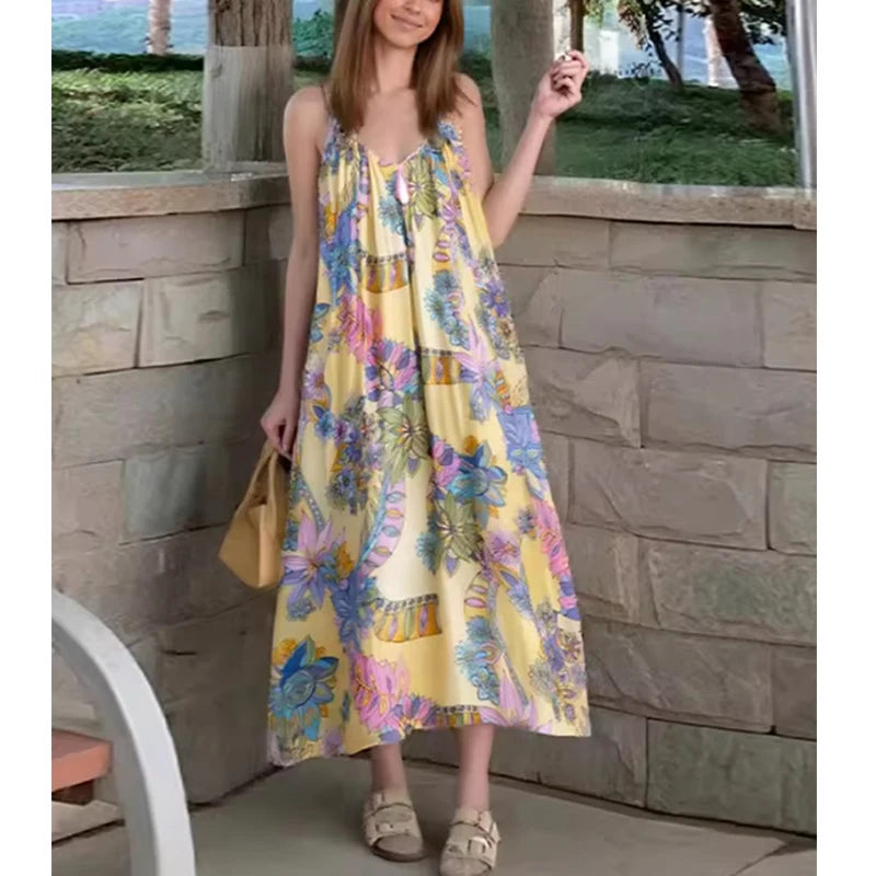 Summer Dress Women's 2025 New Fashion Print Loose V-neck Camisole Elegant Women Summer Travel Long Dress Chic Youth Party Dress