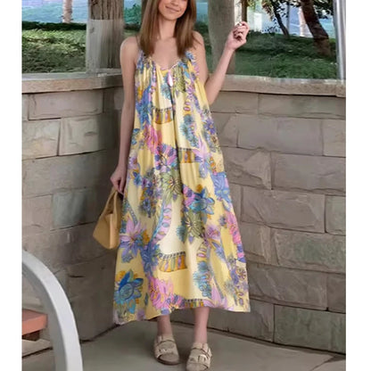 Summer Dress Women's 2025 New Fashion Print Loose V-neck Camisole Elegant Women Summer Travel Long Dress Chic Youth Party Dress