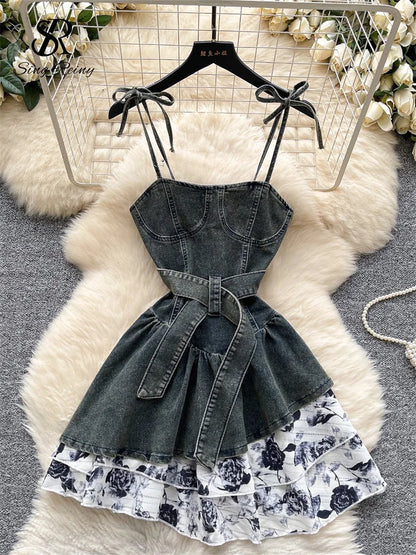 SINGREINY Streetwear Demin Strap Dress Sleeveless With Belt Design Sundress 2025 Summer Floral Splice Ladies Ball Gown Dress