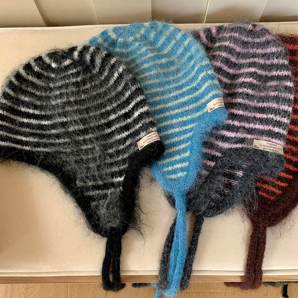 2025 new Fashion Knitted Hat Women Autumn Winter Skullies Beanies Ladies Colorful Earflap Cap Female Handmade Tassels Beanie Hat