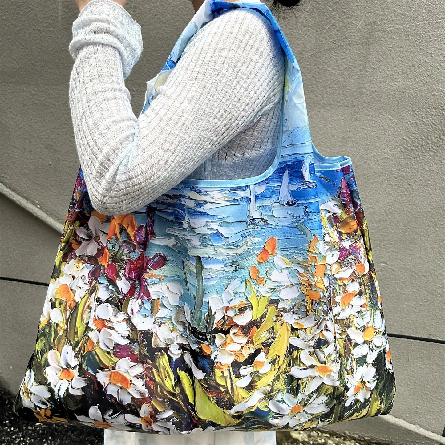 Chic Iris Flower Large Tote Bag Foldaway Convenience Nylon Shopping Bag with Shoulder Strap Lightweight Machine Washable