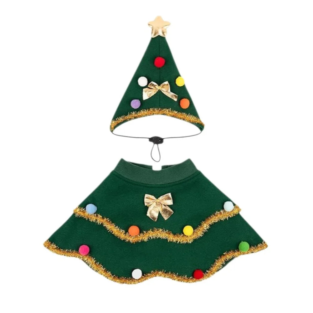 Cartoon Christmas Dog Cape Christmas Tree Design Polyester Pet Cloak Unique Adjustable Pet Christmas Clothing