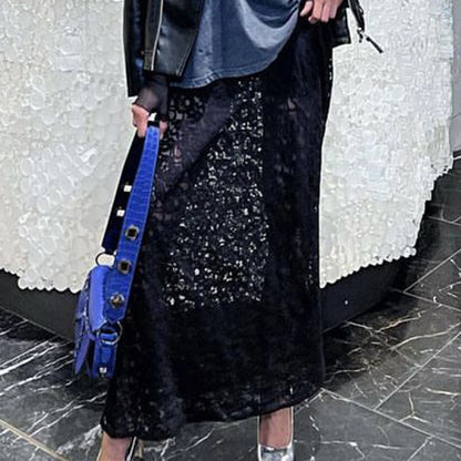 hirigin Women Fairy Lace Maxi Skirt Y2K Vintage Sheer Mesh Lace Floral Bodycon Long Skirt Sexy See-Through Half Slip Skirts
