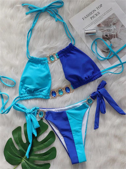 Luxury Rhinestones Splicing Bikini Set Women Halter Patchwork Cut Out Push Up Diamond Swimsuit 2024 Bathing Suit Thong Swimwear