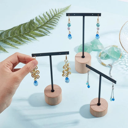 Metal T Bar Earring Display Stand Jewelry Stand with Wooden Round Base Earring Hanging Holders Jewelry Organizer