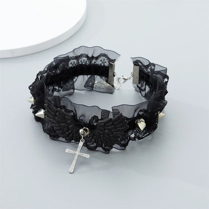 Fashion Solid Color Women Girls Necklace Wide Lace Rivets Lolita Lace Choker Y2K Angel Wings Cool Leather Necklace Daily Wear