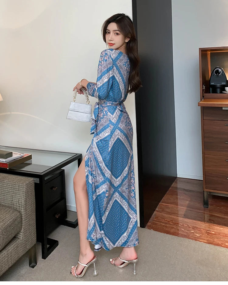 ZAROY Women Wrap Long Dress Summer Sexy V Neck Side Split Party Club Dress Chic Streetwear Elegant Evening Slim Beach Vestidos
