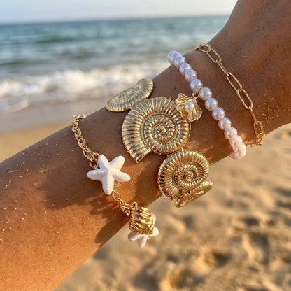 Bohemian Starfish Shell Charm Bracelets for Women Beach Scallops Imitation Pearl Beaded Bangle Summer Vacation Party Jewelry