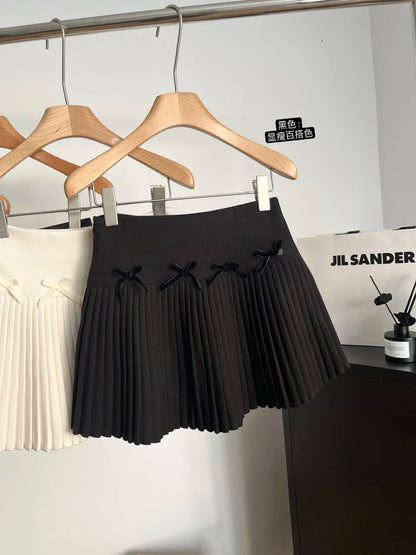 Women's Autumn/Winter Velvet Bow Solid Color Mini Short Skirt High Waist Sweet All match Elegant A-line Pleated Skirt 2024 New