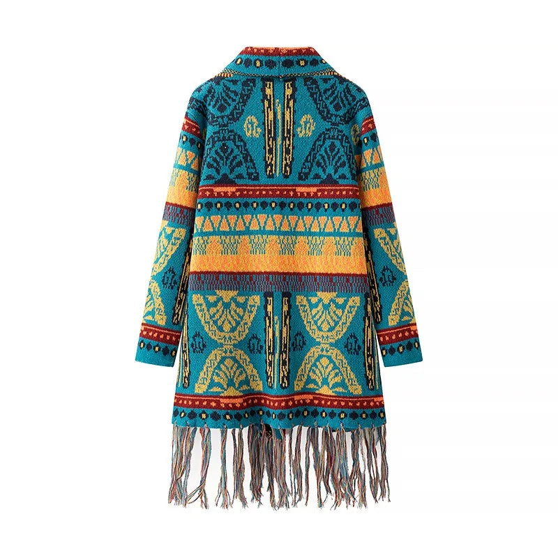 2025 Striped Tassel Knitted kimono Cardigan Spring WeHello New Style Ethnic Style Mid Length Cardigan Shawl