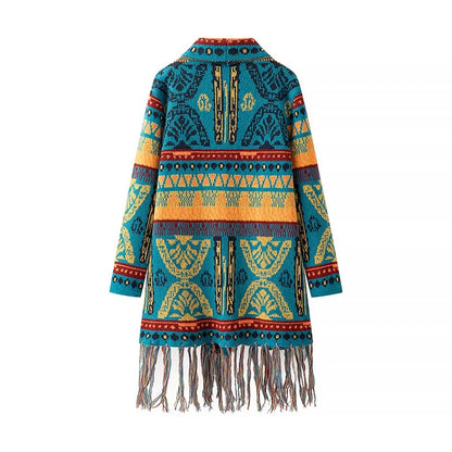 2025 Striped Tassel Knitted kimono Cardigan Spring WeHello New Style Ethnic Style Mid Length Cardigan Shawl