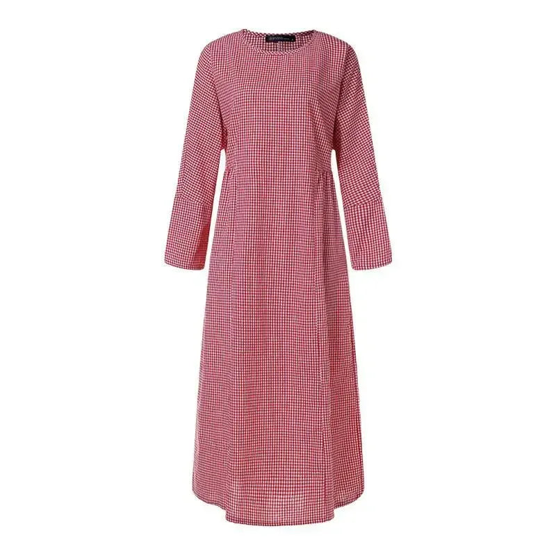 2025 Vintage Plaid Maxi Dress Women's New Cotton Linen Sundress Casual O-neck Long Sleeve Vestidos Females Check Long Skirt Robe