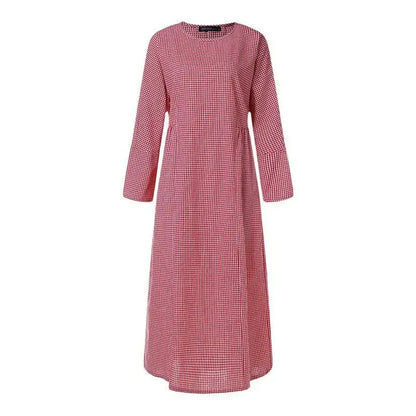 2025 Vintage Plaid Maxi Dress Women's New Cotton Linen Sundress Casual O-neck Long Sleeve Vestidos Females Check Long Skirt Robe