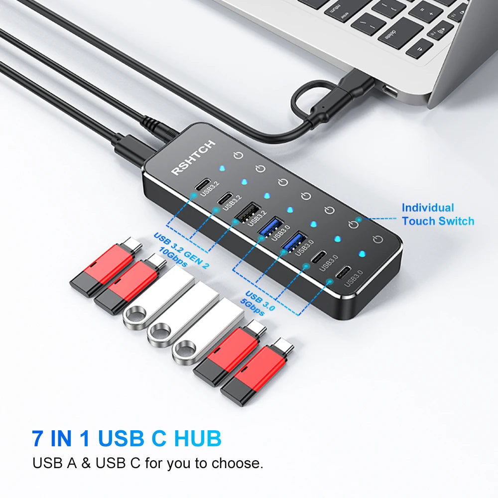 RSHTECH Powered 7 Port 10Gbps Data USB Hubs Individual On/Off  Touch Switches Splitter for Surface Windows PC Laptop Desktop
