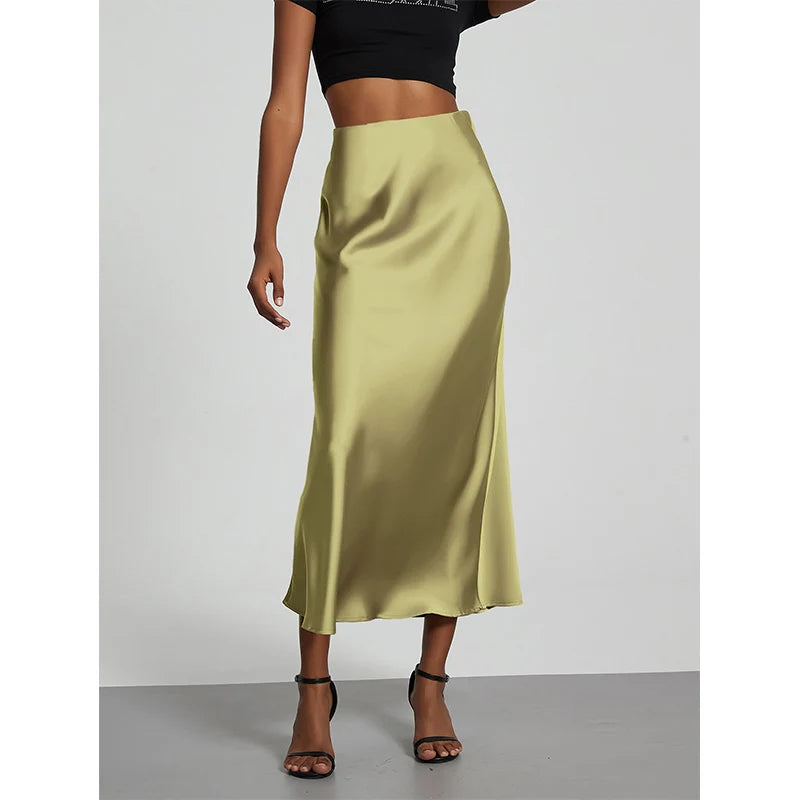 Fashion Satin Party Long Skirt High Waist Solid Color Casual Basic Women Skirts Fishtail Skirt Chic Summer Woman Clothing 2025