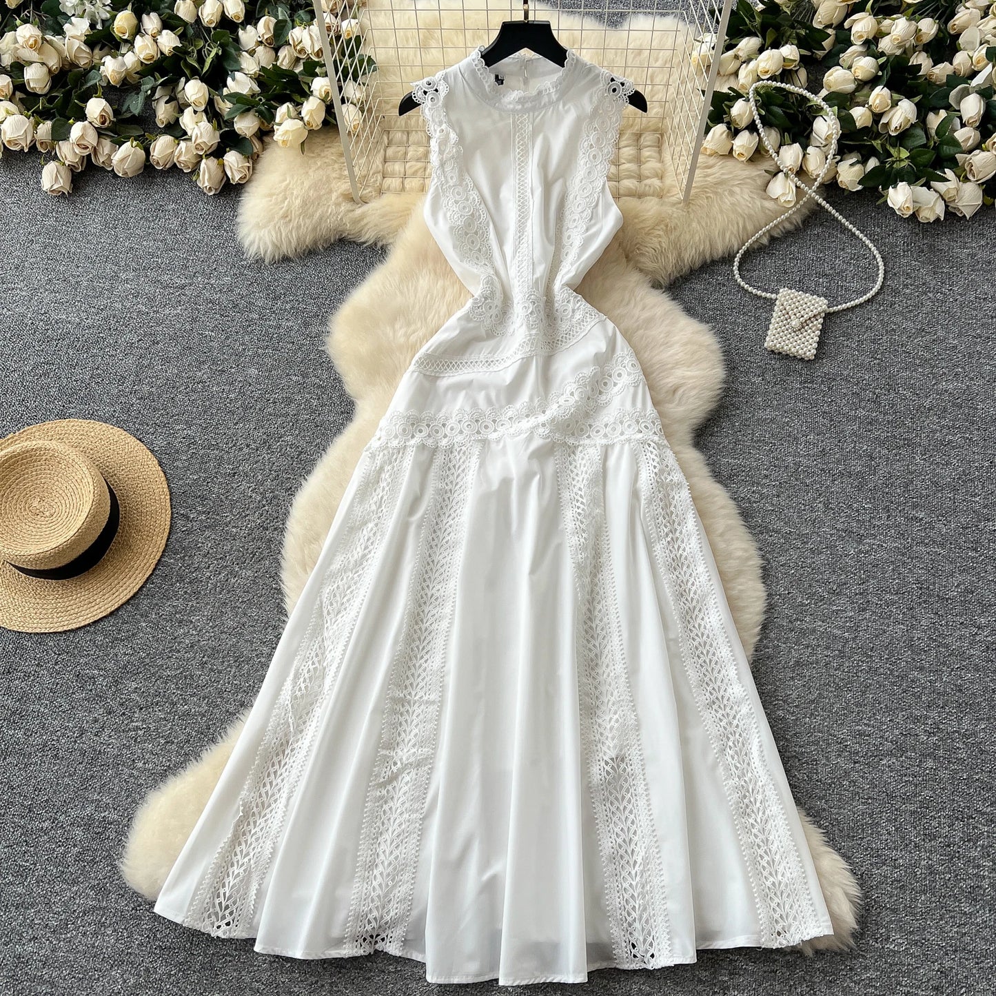 Elegant Women's Sleeveless midi dress Slim 2025 Summer Sky blue Lace patchwork dresses Luxury Black White Vestidos INKEO 5D069