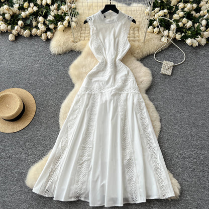 Elegant Women's Sleeveless midi dress Slim 2025 Summer Sky blue Lace patchwork dresses Luxury Black White Vestidos INKEO 5D069