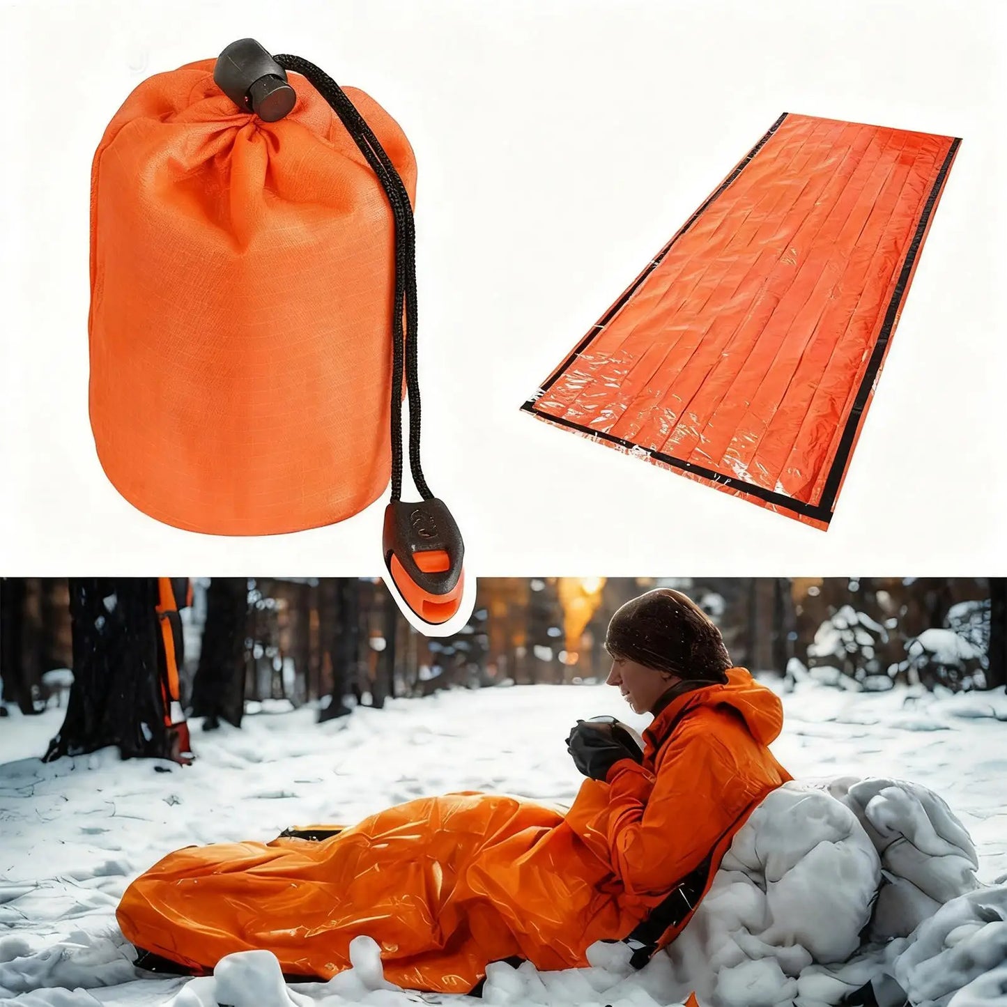 Survival Sleeping Bag Compact Ground Mat with Whistle Outdoor Camping Gear Sleeping Bag for Hiking Extreme Weather Fishing