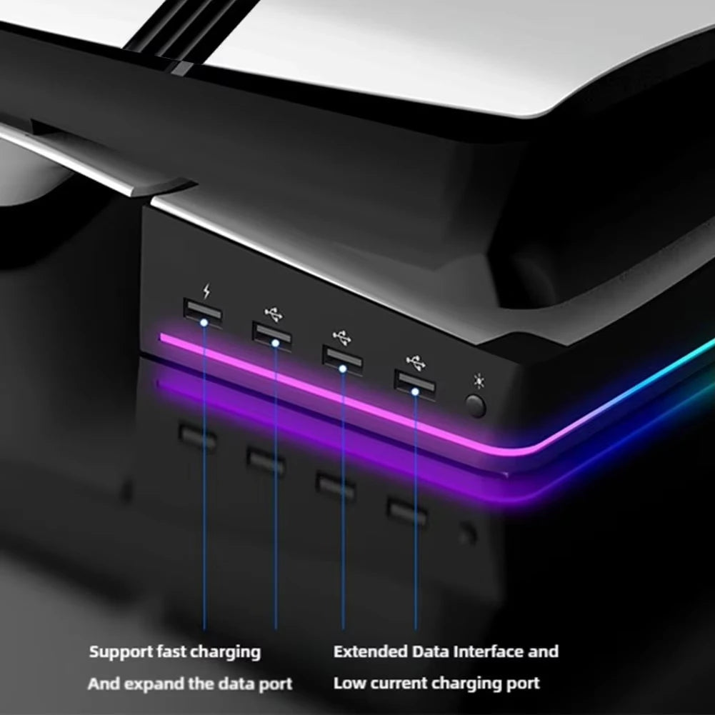 Horizontal Stand for Ps5 Pro Digital and Optical Drive Version Console with 14 Light Mode 4 USB Hubs Storage Display Stand