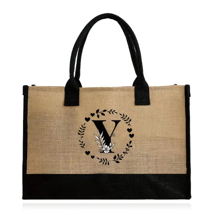 Shopping Bag Burlap Tote Bag Jute Bags Lightweight Handbag Portable LargeCapacity Women Grocery Organizer Garland Letter Pattern